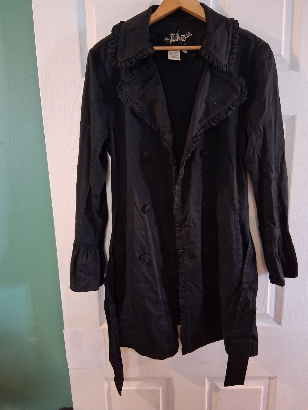 Live a Little Black Ruffle-Trim Double-Breasted Trench Coat